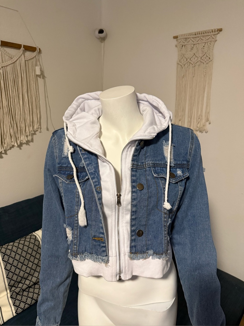 American Bazi Women's Casual Distressed Layered Hoodie Denim Jacket